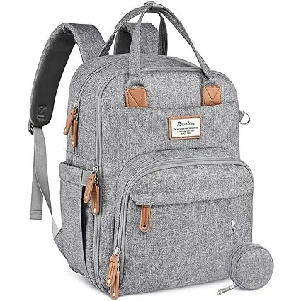 Multifunction Diaper Bag Backpack – Large Capacity, Waterproof, Gray