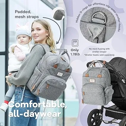 Multifunction Diaper Bag Backpack – Large Capacity, Waterproof, Gray