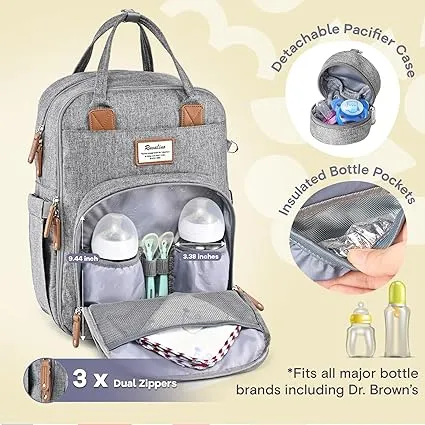 Multifunction Diaper Bag Backpack – Large Capacity, Waterproof, Gray