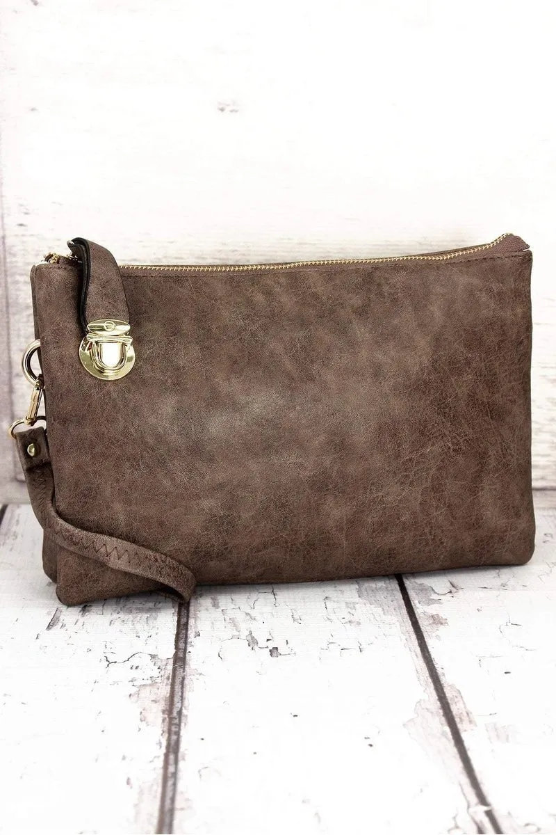 NGIL Taupe Brown Faux Leather Buckle Lock Crossbody Clutch