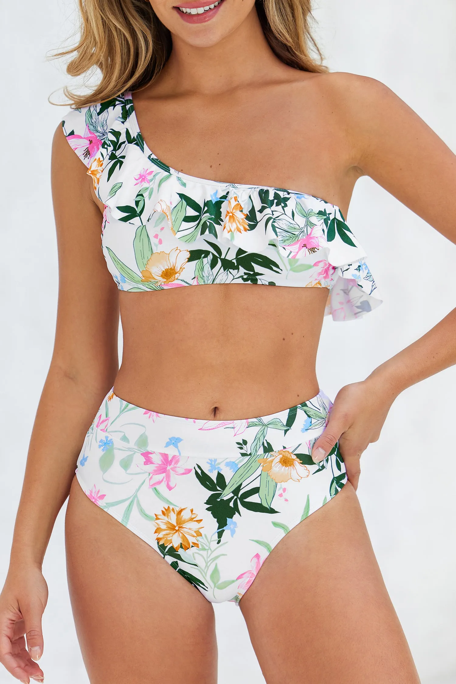 Nice Day Florals Ruffled One Shoulder Top & Classic Bikini Set