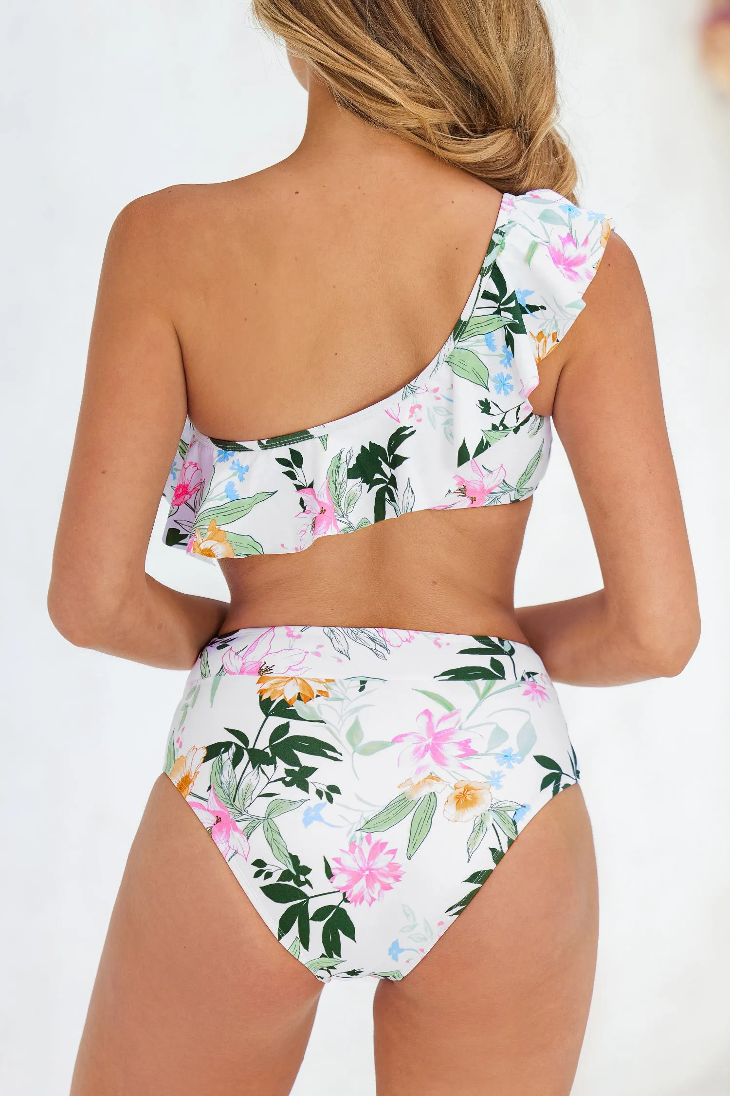 Nice Day Florals Ruffled One Shoulder Top & Classic Bikini Set