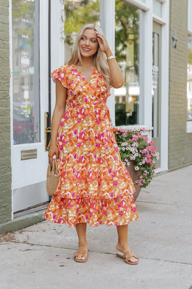 Paradise Peach Floral Tie Midi Dress - FINAL SALE