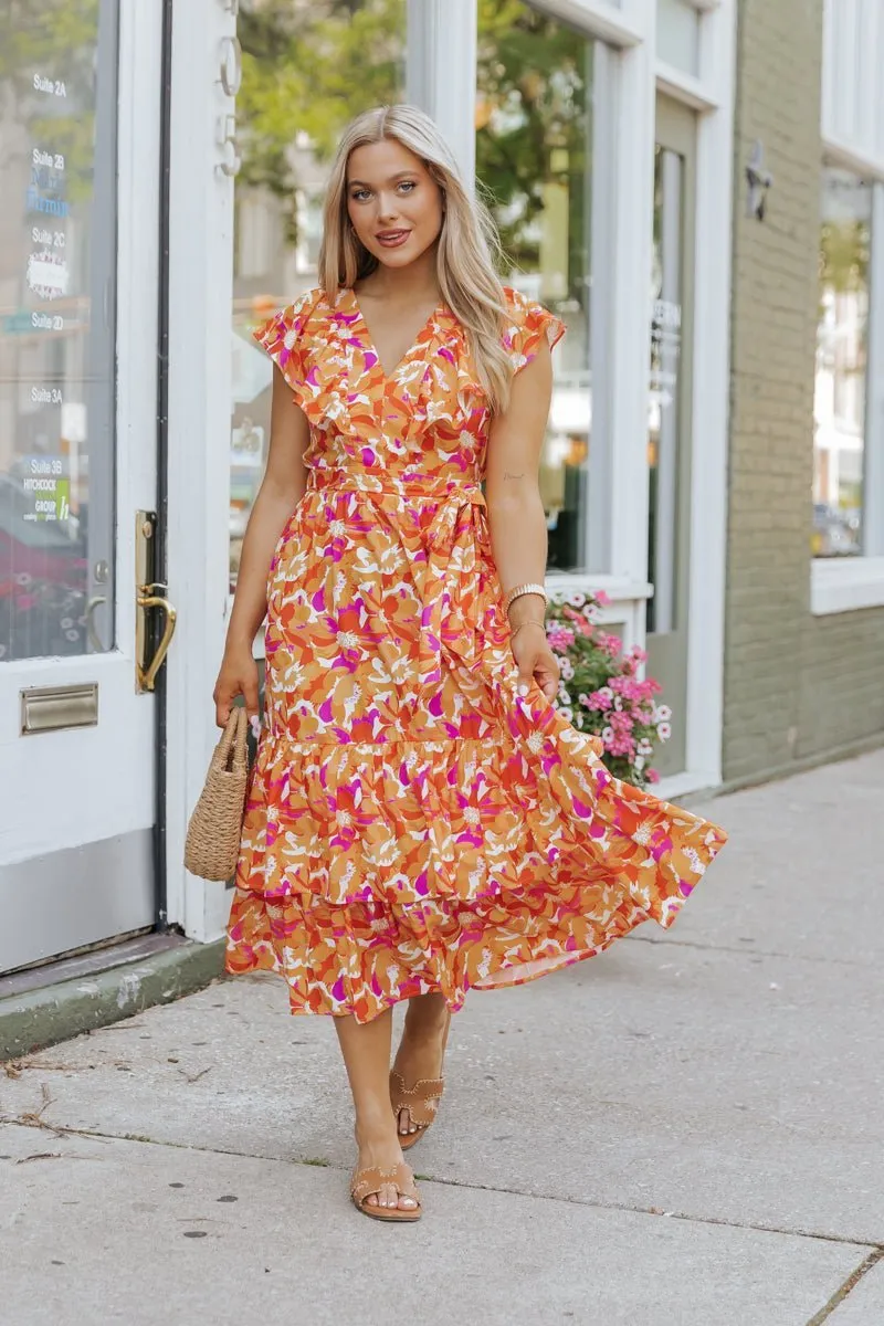 Paradise Peach Floral Tie Midi Dress - FINAL SALE