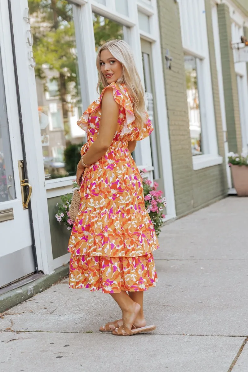 Paradise Peach Floral Tie Midi Dress - FINAL SALE