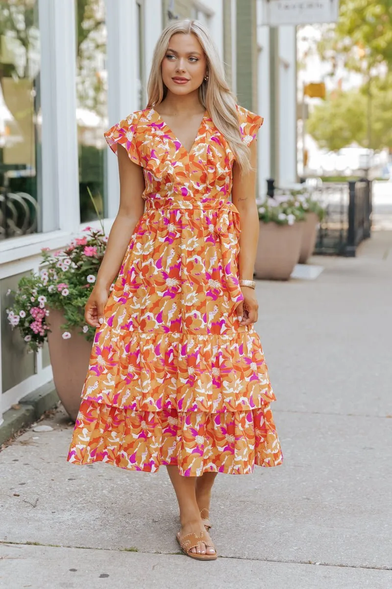 Paradise Peach Floral Tie Midi Dress - FINAL SALE