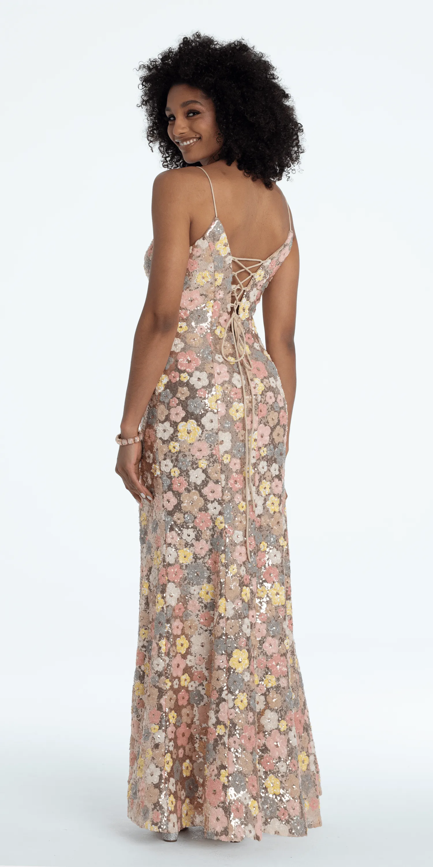 Plunging Sequin Daisy Lace Up Back Trumpet Dress