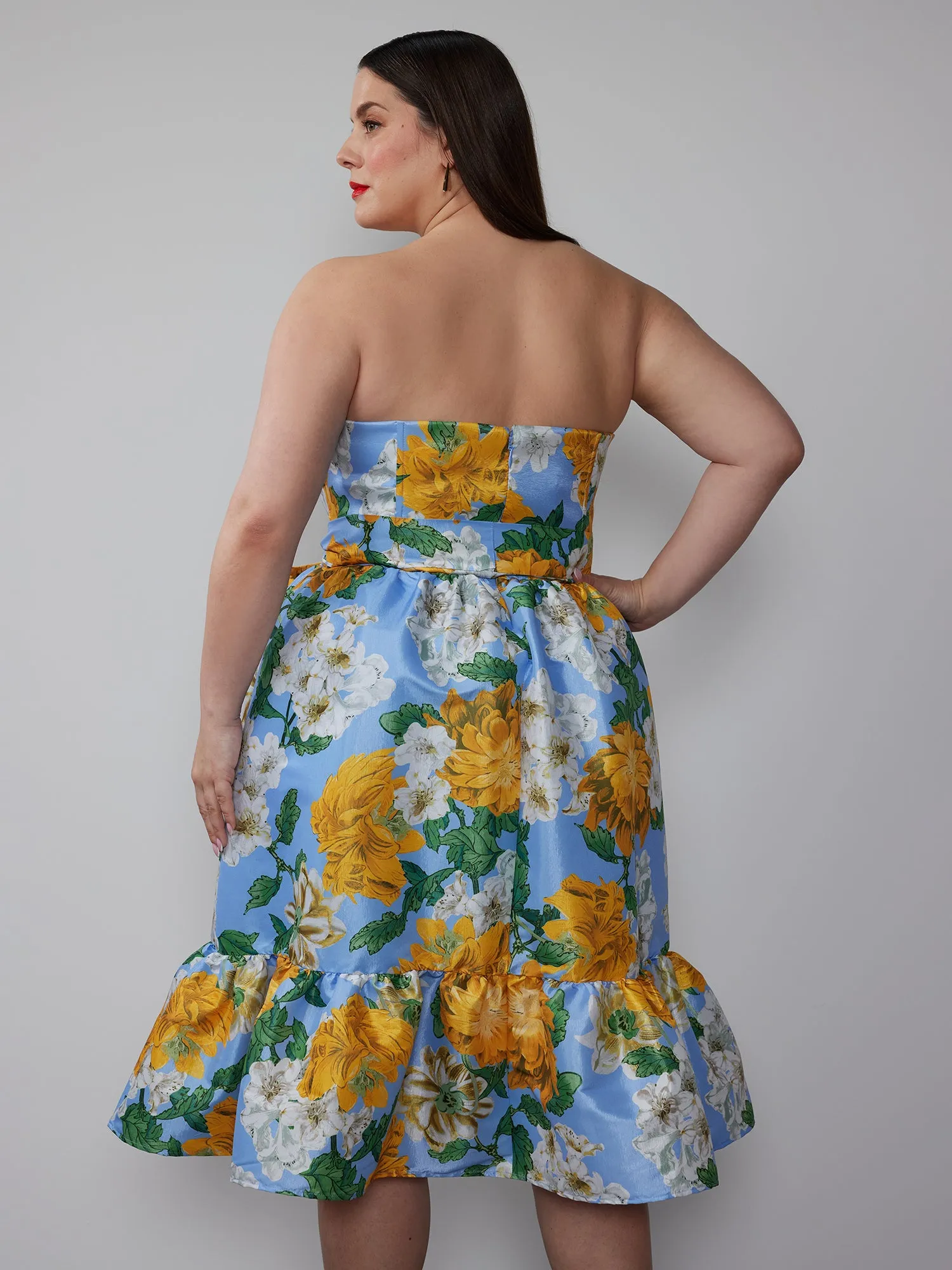 Plus Strapless Blue Yellow Gown