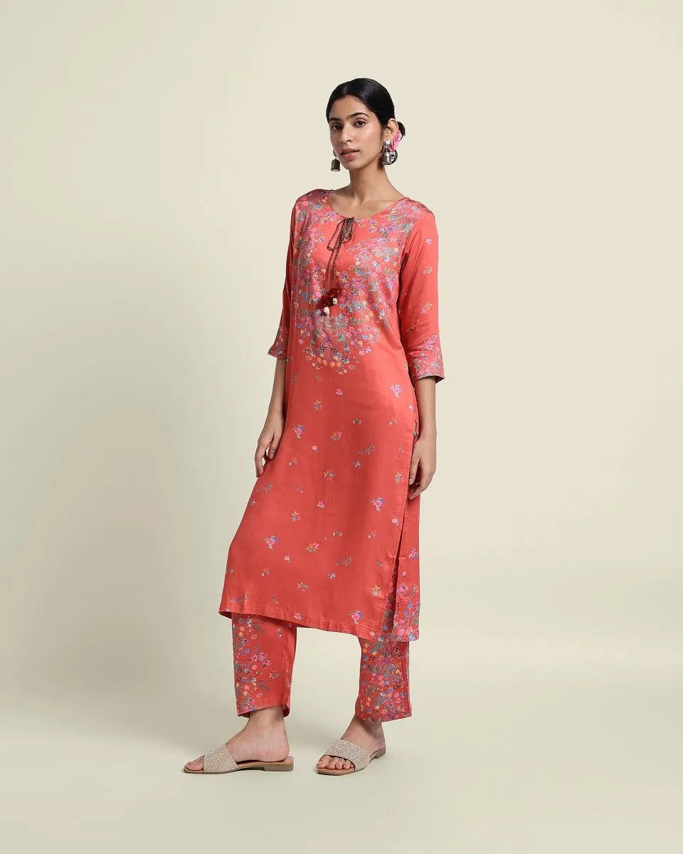 Rust Red Floral Kurta Set