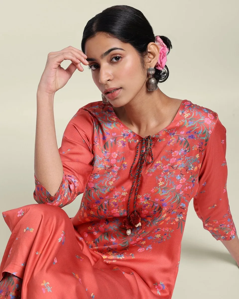 Rust Red Floral Kurta Set