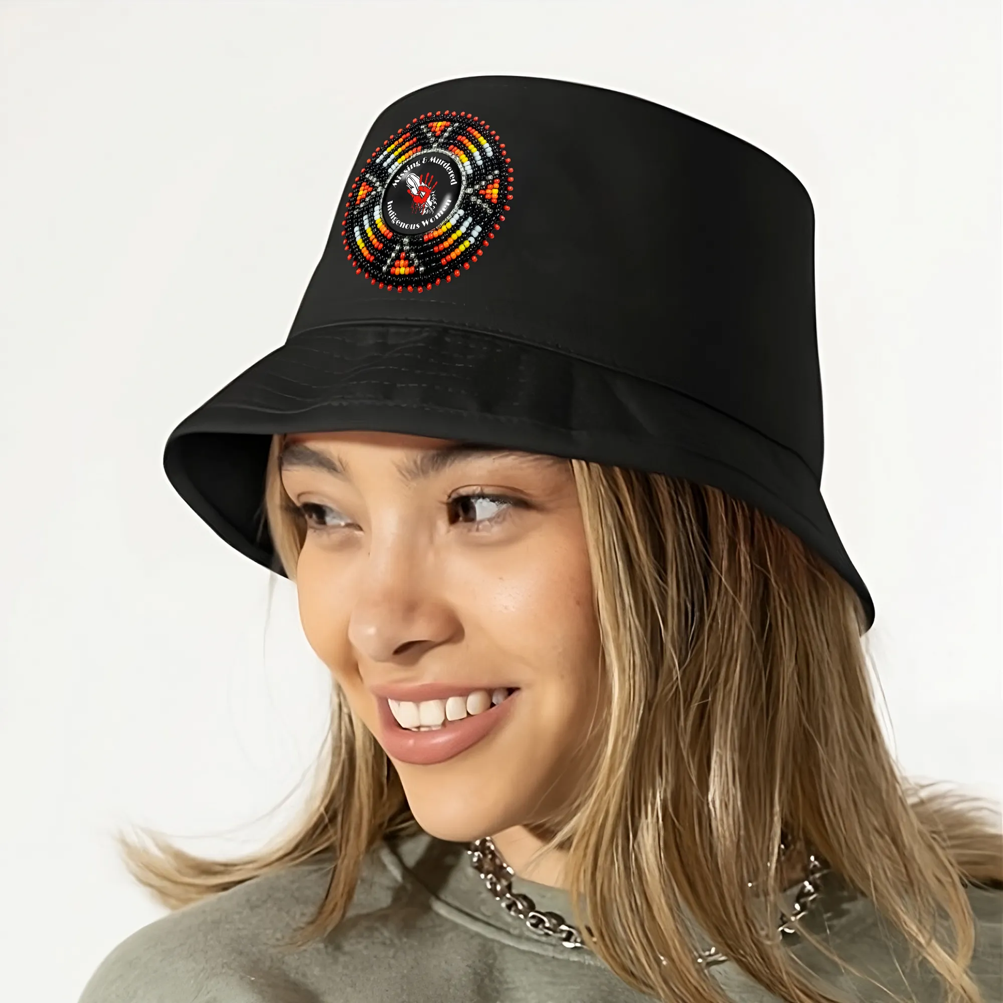 SALE 50% OFF - Missing and Murdered Women Beaded Unisex Cotton Bucket Hat with Native American