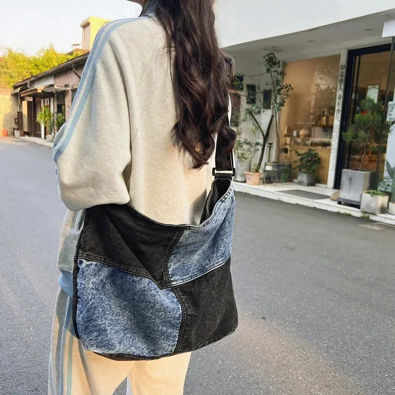 Sohiwoo Fashion Denim Cross Body Bag For Female College Students Women Large Capacity Leisure Shoulder Bag Splicing Travel Messenger Bag