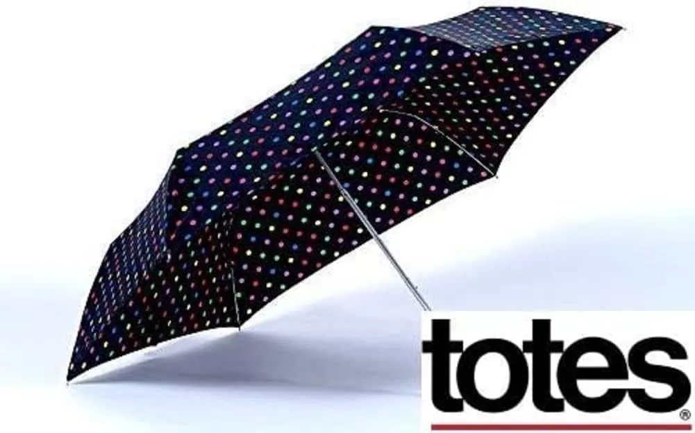 Totes Micro Mini Manual Compact Umbrella, NeverWet technology, Colorful dots on black, 38" arc Coverage