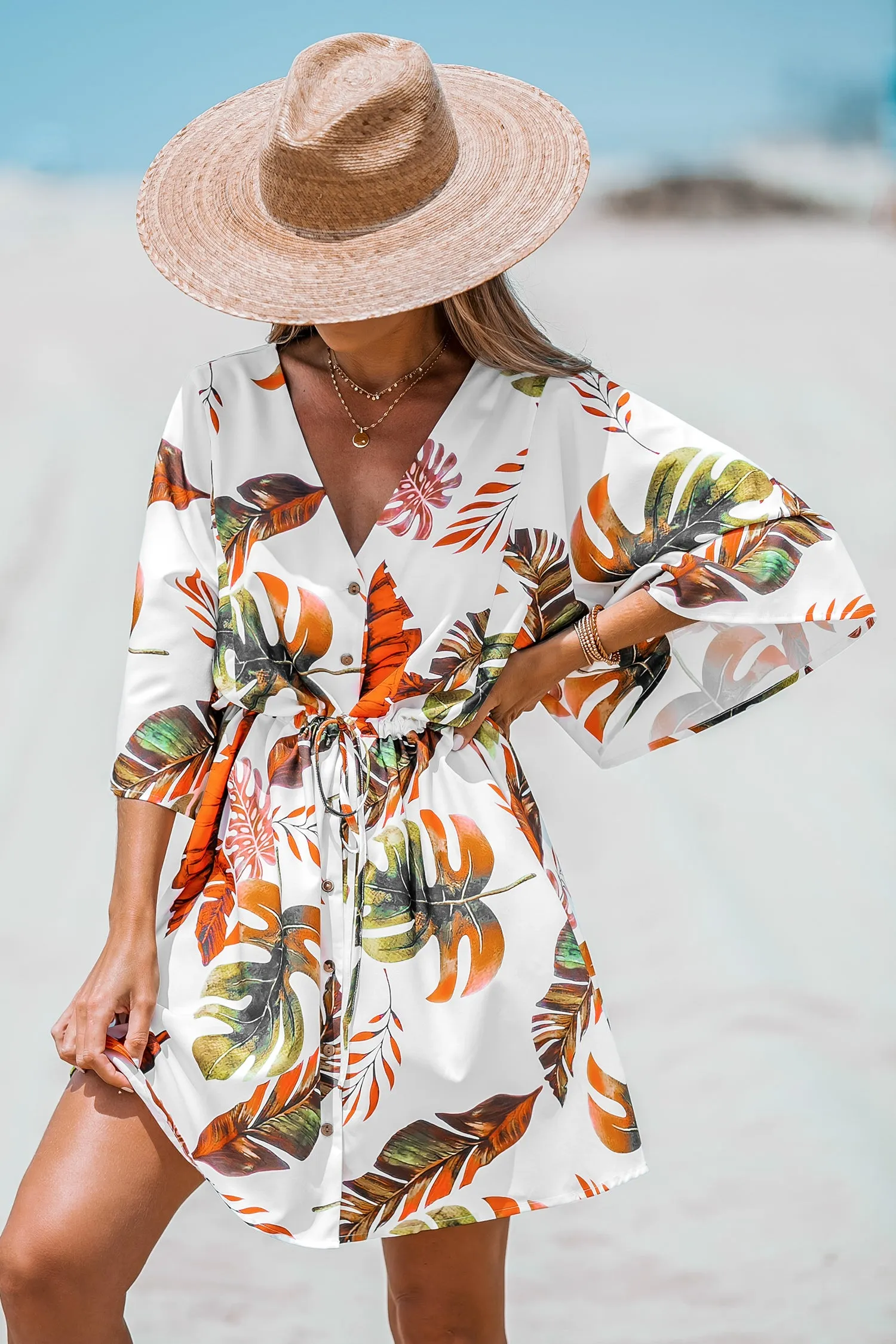 Tropical Floral Print Belted Dress