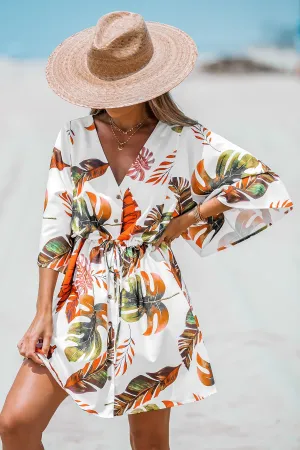 Tropical Floral Print Belted Dress