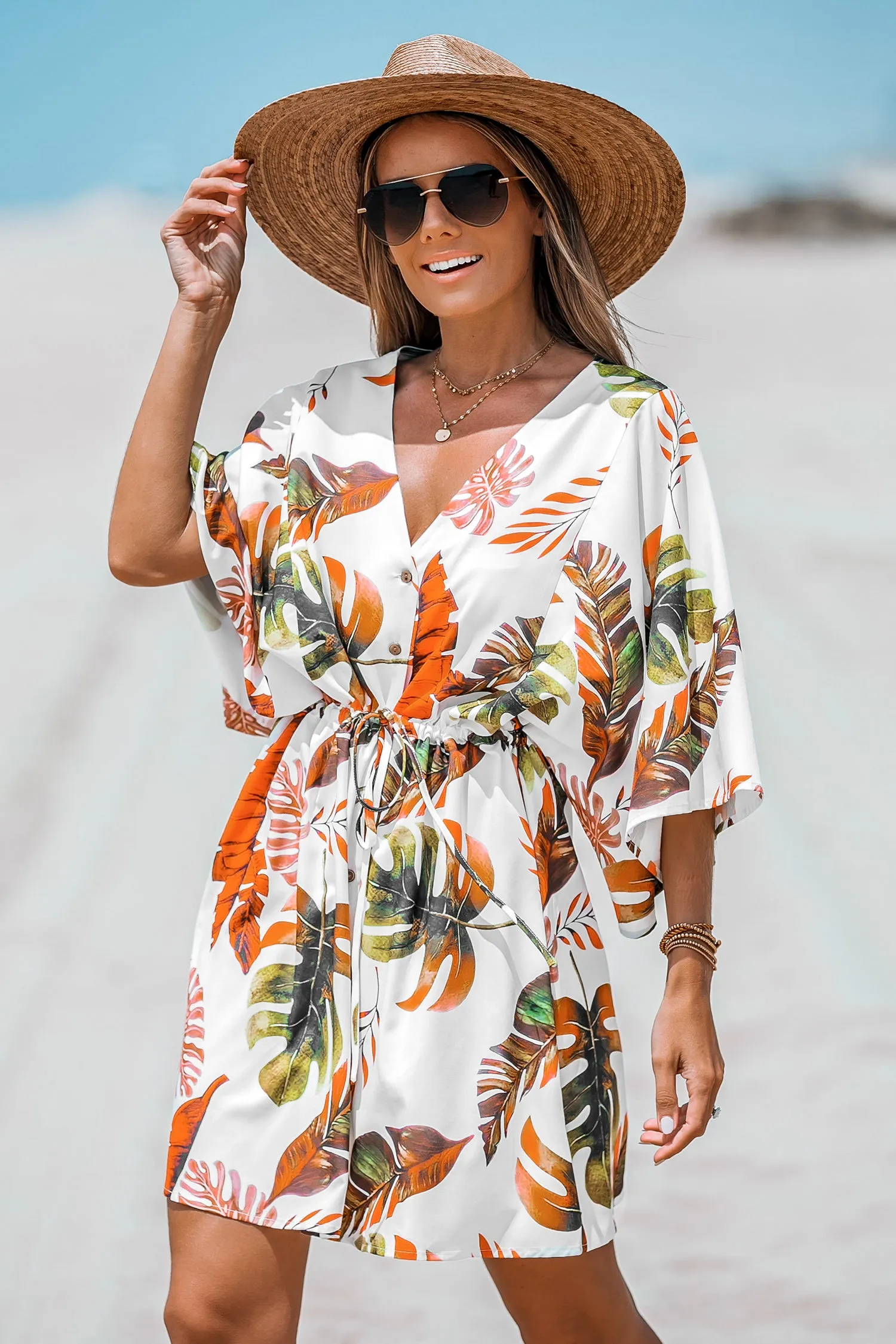 Tropical Floral Print Belted Dress