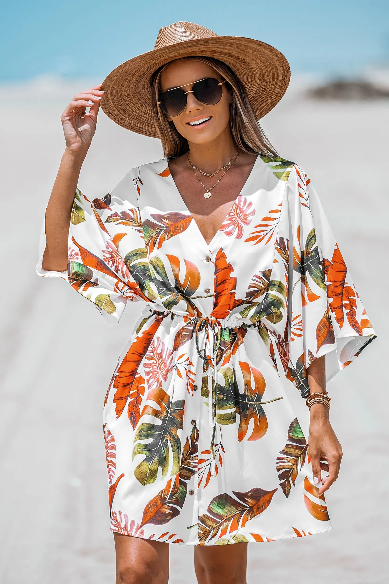 Tropical Floral Print Belted Dress