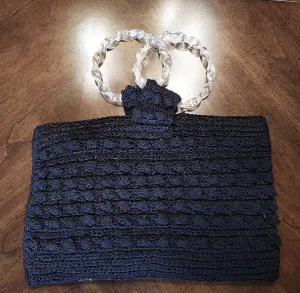 *VINTAGE '40s '50s NAVY CROCHET LOOK CORD DESIGN HANDBAG PURSE WITH BEAUTIFUL HUGE TWISTED LUCITE CIRCULAR HANDLES