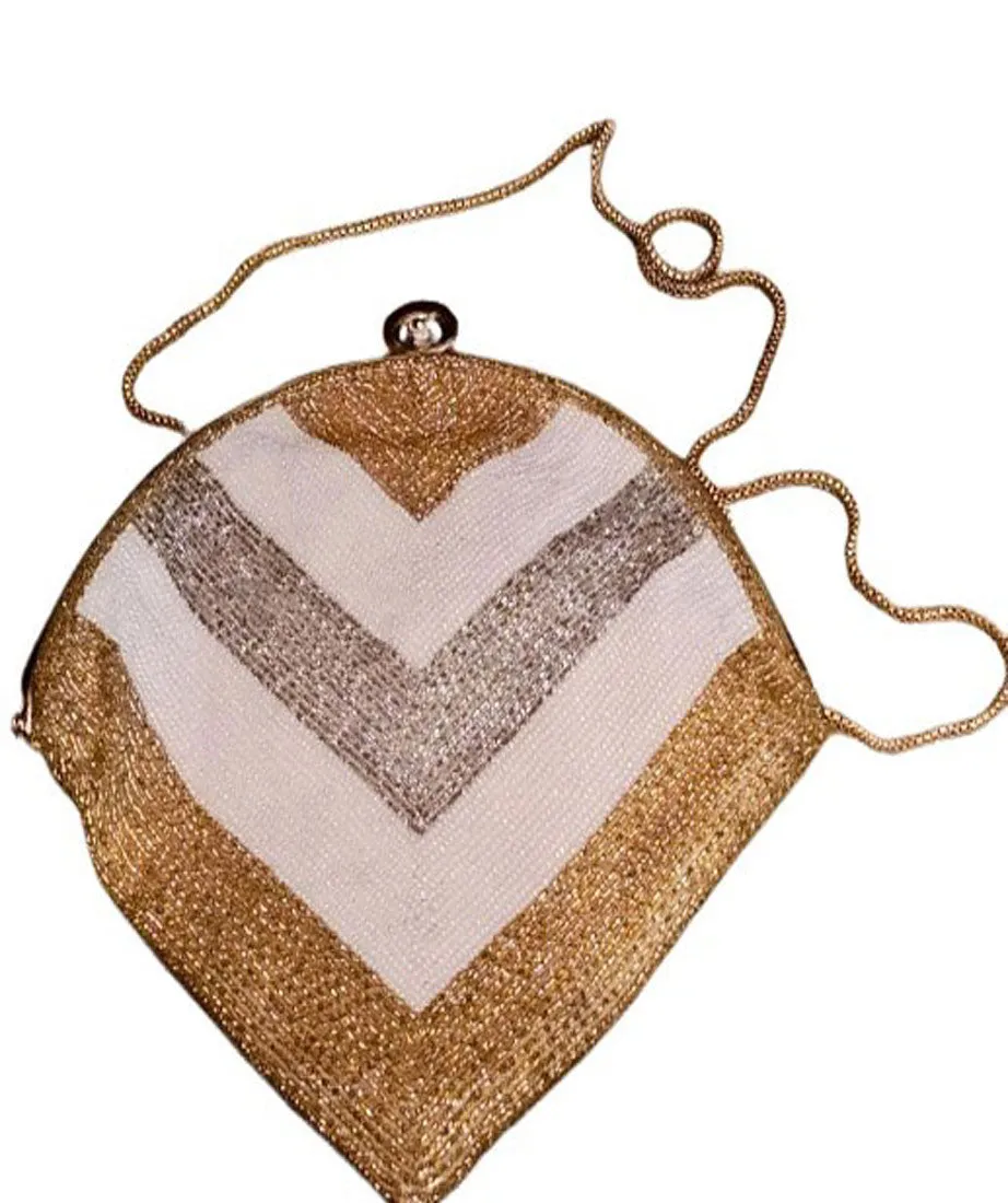 VINTAGE DELILL HAND MADE BEADED EVENING BAG IN UNIQUE DESIGN GOLD, SILVER AND WHITE BEADED PURSE DESIGNER PURSE 60S PURSE BEADED PURSE