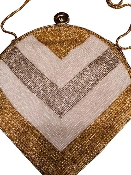 VINTAGE DELILL HAND MADE BEADED EVENING BAG IN UNIQUE DESIGN GOLD, SILVER AND WHITE BEADED PURSE DESIGNER PURSE 60S PURSE BEADED PURSE