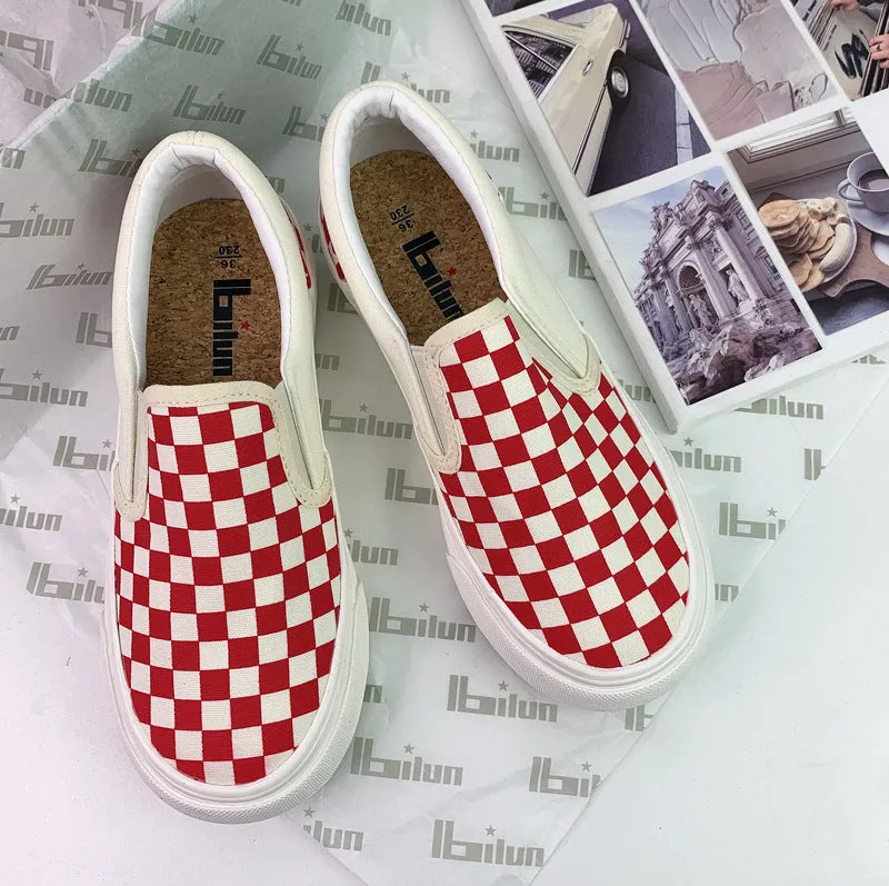 Women's Black And White Chessboard Plaid Slip-on Canvas Shoes